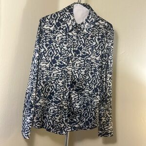 ST. JOHN Top Silk Button Up Long Sleeves Blue and White Size 2 *small stain